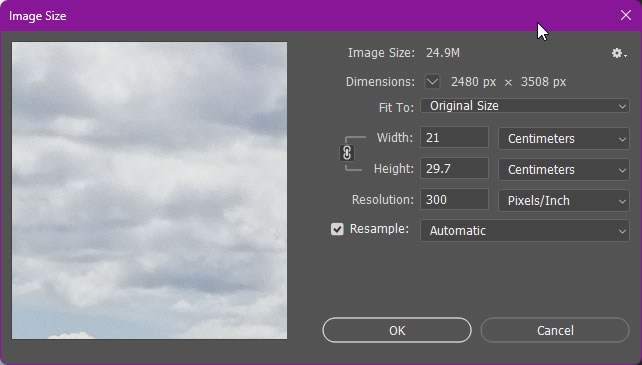 A screenshot of the 'Image Size' window in Photoshop showing the file size and resolution of the high resolution test image. 2480x3508px, 24.9M.